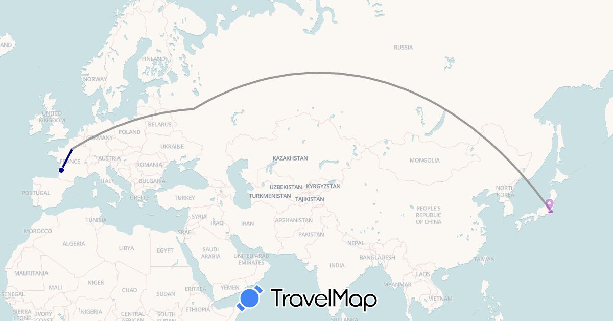 TravelMap itinerary: driving, plane, train in France, Japan, Russia (Asia, Europe)
